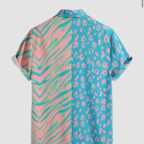 Blue and Pink Casual Button Down Shirt with Vibrant Patterns - Picture 2 of 6